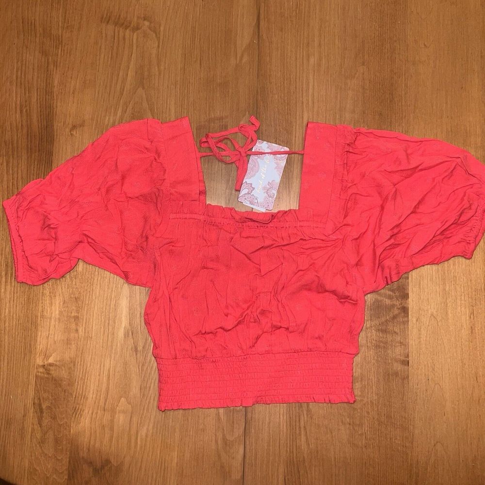 NEW Band of the Free Hot Coral Short Puff‎ Sleeve Square Neck Blouse Women Sz M